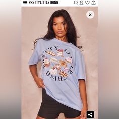 Level Up Your Off-Duty Wardrobe With This Prettylittlething Baby Blue Dessert Print Oversized T Shirt. Brought To You In A Baby Blue Material With A Dessert Print And An Oversized Fit, How Could You Say No? Whether It's A Chilled Day At Home Or You're Running Your Everyday Errands This T Shirt Is The One For You. Level Up The Look And Add Shorts, Box-Fresh Kicks And Your Everyday Essentials For The Ultimate Combo. Length Approx 74cm/29" (Based On A Sample Size S) Model Wears Size S Model Height Blue Tee Shirt Outfit, Cute Blue T-shirt For Loungewear, Trendy Light Blue Graphic Print T-shirt, Blue Tops With Funny Print For Streetwear, Funny Print Blue Tops For Streetwear, Blue Graphic Print T-shirt For Loungewear, Light Blue Graphic Print Top For Loungewear, Oversized Cute Tops With Text Print, Cute Oversized T-shirt For Loungewear