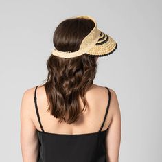 Keep sun, sweat, and hair out of your eyes with our textured wheat straw visor. The curved brim offers optimum sun protection for your face and eyes. Complete with a velcro back closure to maximize your perfect fit. Features: Colors: Black, Blue, & Red Materials: 100% Wheat Straw Brim Size: 4.25" Women's One Size Adjustable Textured Wheat Straw With Stripes & Velcro Closure Spring Brimmed Visor With Upf 50+, Spring Upf 50+ Brimmed Visor, Casual Sun Visor Hat For Sunbathing, Sun-shaped Straw Hat For Sunbathing, Adjustable Curved Brim Visor With Upf 50+, Sunbathing Straw Sun Hat, Adjustable Visor With Upf 50+ And Curved Brim, Adjustable Visor With Uva Protection, Uv Protection Visor Sun Hat For Sunbathing