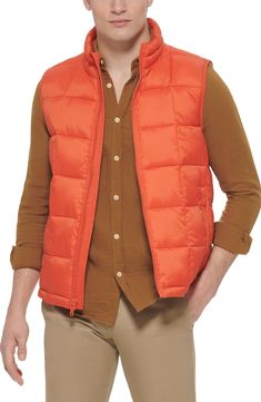 Windowpane stitching patterns turn this quilted puffer vest into a modern must-have accessory. Stand-up collar Sleeveless Front zip closure Dual front pockets Lined 100% recycled polyester Machine wash Imported Model stats: 6'1" height, 32" waist. Model is wearing size M Down Vest With Padded Collar, Sleeveless Down Vest With Padded Collar, Sleeveless Nylon Puffer Jacket For Spring, Sleeveless Down Puffer Vest, Sleeveless Puffer Jacket For Spring, Casual Nylon Vest With Zipper Closure, Casual Nylon Vest With Padded Collar, Quilted Down Sleeveless Outerwear, Quilted Sleeveless Outerwear For Fall