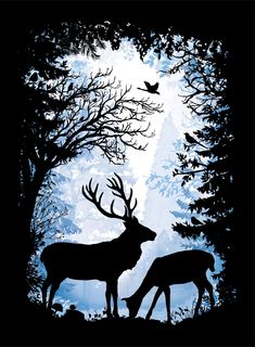 two deer standing next to each other in front of trees and birds flying above them