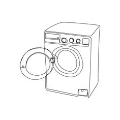 a drawing of a washing machine with the front door open and an object hanging from it's side