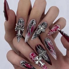 Cross Nail Art, Black To Red Ombre, Black Ombre Nails, Cross Nails, Bridal Nail Art, Long Stiletto, Gothic Nails, Ombre Acrylic Nails