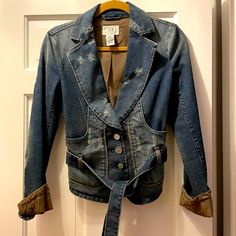 Small, Jean Jacket With A Belt And Decorative Buttons. Never Worn. Distressed Fitted Button-up Outerwear, Fitted Button-up Distressed Outerwear, Fitted Distressed Button-up Outerwear, Distressed Fitted Outerwear For Spring, Distressed Jean Jacket, Chic Leather, Decorative Buttons, Armani Exchange, Jean Coat