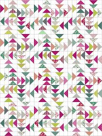 a colorful quilt with many different designs on the top and bottom half, including triangles