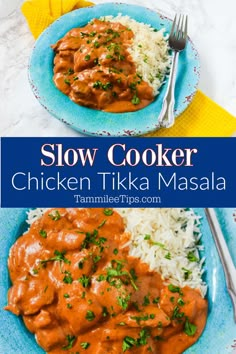 slow cooker chicken tikka masala with rice on a blue plate