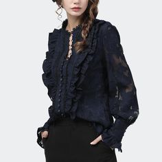 Brand Name:jianyuefangchengMaterial:PolyesterOrigin:CN(Origin)Season:Spring/AutumnClothing Length:RegularAge:Ages 35-45 Years OldCollar:TurtleneckGender:WOMENDecoration:RufflesSleeve Length(cm):FullSleeve Style:Flare SleeveStyle:Office LadyFabric Type:ChiffonPattern Type:SolidThickness:RegularSeason:2020 Autumn NewClosure Style:Single-breasted CardiganSoft Index:SoftElasticity:NoColors:Blue / BlackVersion:Elegant, Loose-fitting Ethereal Romantic, Blue Lace Blouse, Comfortable Blouses, Womens Lace Tops, Mesh Blouse, Mesh Shirt, Mode Casual, Dark Places, Black Lace Tops