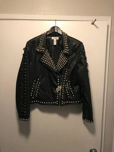 Hand studded faux leather jacket Size XL. Studded Leather Vest, Gender Euphoria, Laptop Pouch, Studded Backpack, Studded Leather Jacket, Womens Jackets, Dec 12, Faux Leather Jacket, Leather Vest