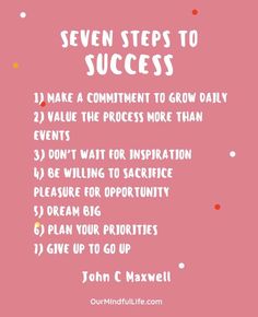 a pink poster with the words seven steps to success