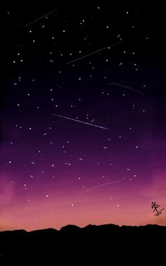 the night sky is filled with stars and there are two airplanes flying in the distance