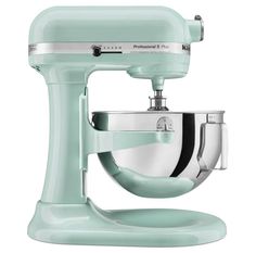 an aqua blue mixer is on display against a white background with the words kitchen aid written below it