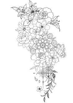 a bouquet of flowers is shown in this black and white drawing, with the words