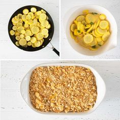 four pictures showing the steps to make a casserole with lemons and other ingredients