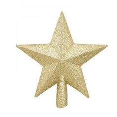 a gold glitter star decoration on a white background