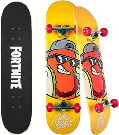 two skateboards with cartoon characters on them, one is yellow and the other is black