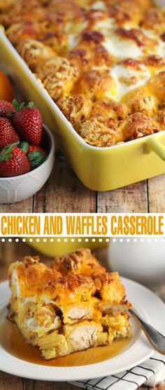 chicken and waffles casserole with strawberries on the side is shown