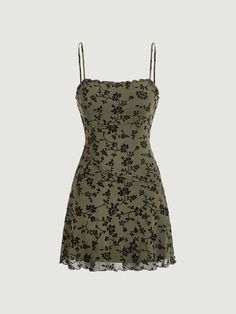 Army Green Boho Collar Sleeveless Knitted Fabric Floral Cami Embellished Slight Stretch  Women Dresses Simple Party Outfit Casual, Simple Cottagecore Outfit, Fashion Outfits Green, Olive Green Clothes, Cute Green Dresses, Green Cami Dress, Indie Dress, Floral Cami Dress, Floral Clothes