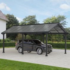 a car is parked under a metal carport