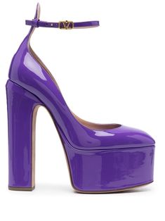 grape purple calf leather VLogo Signature almond toe buckle-fastening ankle strap branded leather insole platform sole high block heel Purple Valentino Heels, Valentino Shoes Platform, Purple Platform Heels, Farfetch Shoes, Purple High Heels, Valentino Pumps, Valentino Heels, Purple Pumps, Heels Aesthetic