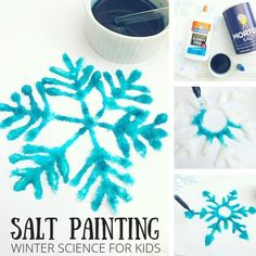 salt painting winter science for kids with snowflakes and glue on the bottom, blue paint sitting next to it