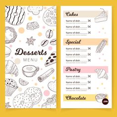 a menu for desserts on a yellow background