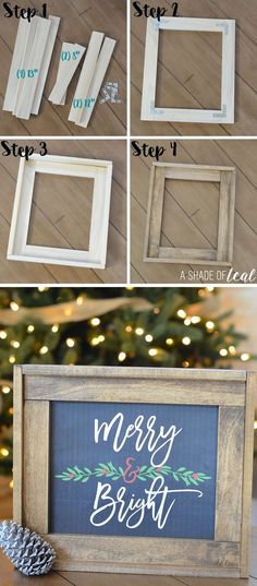 the steps to make a christmas sign with chalk paint and wood frame, on top of a