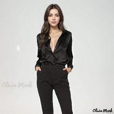 Olivia Mark - Stylish Long-sleeved Chiffon Blouse with Simulated Silk Collar Chic Long Sleeve Workwear Tops, Chic Long Sleeve Tops For Work, Chic Long Sleeve Blouse, Sleek Long Sleeve Blouse For Evening, Casual V-neck Blouse For Evening, Sleek Long Sleeve Evening Blouse, Sleek V-neck Blouse For Date Night, Chic Long Sleeve Party Blouse, Chic Long Sleeve Office Blouse