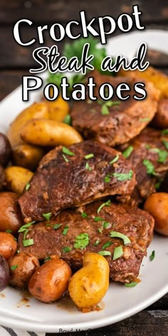 Crockpot steak and potatoes on platter, with Pinterest overlay. Crock Pot Beef And Potatoes Recipes, Crock Beef Recipes, Easy Food Recipes Crockpot, Round Steak Crockpot Recipes Easy, Easy Crockpot Recipes Steak, Beef Crop Pot Recipes, Crockpot Recipes With Sirloin Steak, Steaks Crockpot Recipes, Crockpot Recipes Round Steak