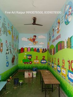 the children's room is painted in bright colors