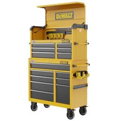 a yellow tool cabinet with drawers on wheels