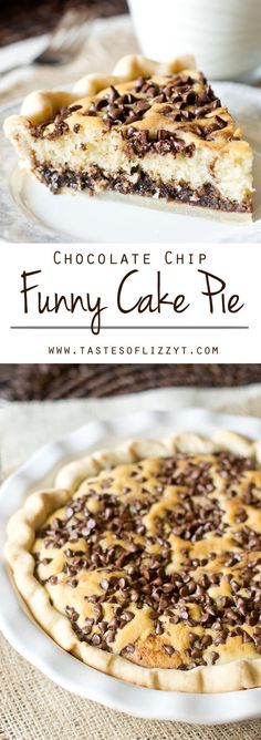 chocolate chip funny cake pie on a white plate with the words, funky cake pie