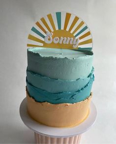 there is a cake with blue and green frosting on the top that says sony