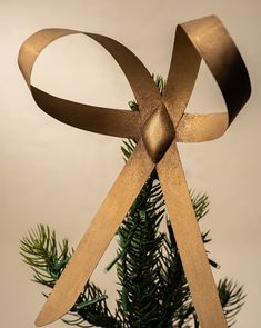 a close up of a christmas tree with a ribbon on it's top and some branches in the foreground