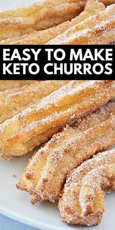 fried keto churros on a white plate with text overlay