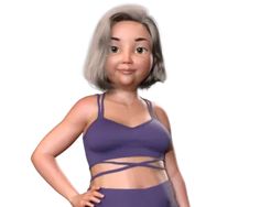 a woman with grey hair wearing a purple sports bra top and blue shorts, standing in front of a white background