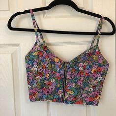 Never Worn! Fitted Multicolor Floral Print Crop Top, Fitted Crop Top With Zipper Closure For Summer, Fitted Zipper Closure Crop Top For Summer, Summer Party Crop Top With Zipper Closure, Fitted Floral Print Crop Top For Festival, Floral Bustier, Corset Top, Color Blue, Womens Tops