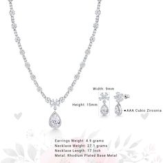 ❤ Rhodium plated base metal, Necklace Measurement : 17 Inch length and 27.1 grams. Earrings Measurement : 15mm height, 9mm width and 4.9grams, ❤ Total Weight (Necklace + Earrings): 32 grams ❤ Finest Quality Pear and Round Cut AAA Cubic Zirconia for Diamond-like Brilliance; Perfect drop earrings for wedding at a Fabulous Affordable Low Price ❤ Total Satisfaction Guarantee: We provide 30 days exchange or full money refund. If there are any problems with the purchase, please feel free to contact us Earrings For Wedding, Opal Solitaire Ring, Wedding Necklace Set, Clover Design, Earrings Teardrop, Halo Earrings, Metal Necklace, Cubic Zirconia Earrings, Cz Jewelry