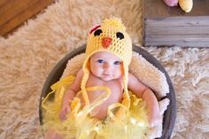 Crocheted in soft yellow with beady (yarn) black eyes and cute little beak this baby chick hat is cuteness in every way.   A double colored flower added to the top brings a splash of color.  Flower could be worked in any two colors you chose. Crocheted in a clean, smoke-free home. machine wash and dryer safe, however, I highly suggest hand wash and lay flat to dry because the pom-pom doesn't usually survive the washer and dryer intact. Check me out on Facebook: http://www.facebook.com/ChippersCr Spring Portraits, Baby Chick, Color Flower, Black Eyes, Soft Yellow, Baby Chicks, Dec 1, Washer And Dryer, Eye Black