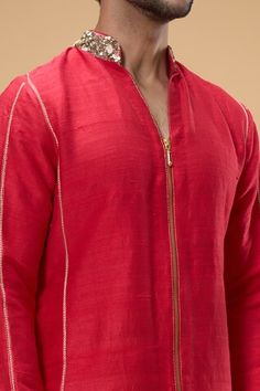 Red threadwork kurta with placed sequin and pearl embellishments. Comes with pant. - Aza Fashions Plain Red, Men Kurta, Red Pearl, Kurta With Pants, Raw Silk, Mandarin Collar, Aza Fashion, Mens Pants, Embellishments