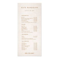 a white and gold business card with the words kate randolph salon & spa on it