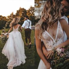 the bride and groom are walking through the grass together in their wedding attire, with one woman wearing a white dress