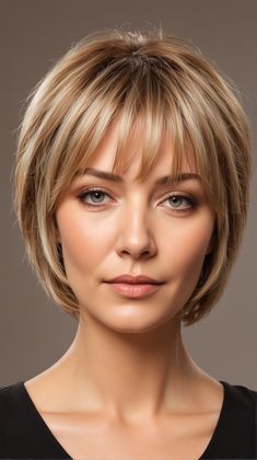 A short bob, cut just below the ears, is a bold and contemporary option for round faces. This haircut adds volume and structure, providing a youthful and dynamic appearance. The short length draws attention to the cheekbones and eyes, making it a great choice for those with prominent facial features. It works best for women with fine to medium hair, as it enhances the natural texture and adds body. Short Hair Bob With Curtain Bangs, Short Hair With Front Bangs, Haircuts For Round Faces Short, Short Bob Hairstyles With Bangs, Textured Bob Hairstyles, Fine Hair Bangs, Fall Haircuts, Bob Hairstyles For Round Face, Hairstyles For Fat Faces