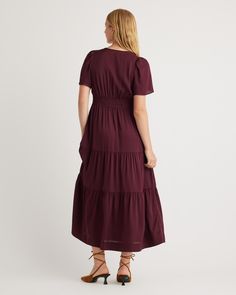 This tiered maxi goes with the flow thanks to its fluid tiered silhouette and flexibility to dress up or dress down. Short sleeves make it wearable year-round, and a smocked waistband gives it an extra-comfortable fit. Our bestselling premium mulberry silk with a hint of stretch is low-maintenance and washable. Plus, silk fiber contains 18 kinds of amino acids that make it amazing for skin nourishment, hypo-allergenic, and naturally thermoregulating to help maintain body temperature.  | Quince | Silk Fiber, Natural Textiles, Fabric Structure, Tiered Maxi Dress, Body Temperature, Mulberry Silk, Natural Fabrics, Dressed Down, Wine Tasting