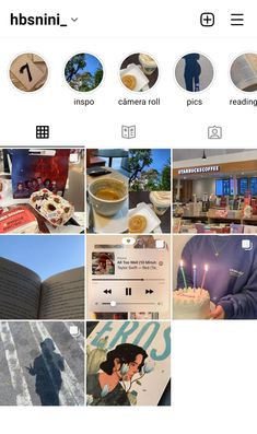 an instagram with pictures of people, food and books on it's screen