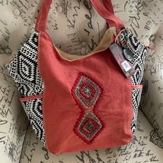 New With Tags 20l X 12h X 6w Casual Embroidered Hobo Bag, Casual Red Embroidered Bag, Casual Red Embroidered Shoulder Bag, Red Embroidered Hobo Tote Bag, Tan Leather Tote, Victoria Secret Tote Bags, Reversible Tote, Brown Tote, Hobo Bags