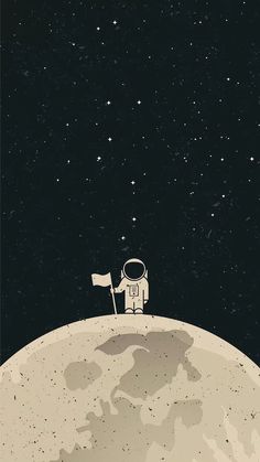 an astronaut sitting on top of the moon with a flag in his hand and stars above him