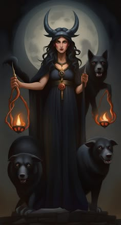 a woman with horns and two black dogs standing in front of a full moon background