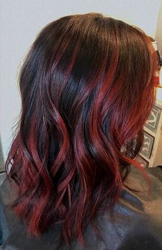 Hair Dye Red Highlights, Red And Dark Brown Balayage, Wine Red And Brown Hair, Black W Red Highlights, Brown Hair Color With Red Highlights, Dyed Hair Red And Brown, Red To Dark Brown Hair, Black With Red Balayage, Dark Red Hair Underneath Brown