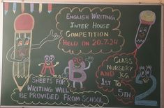 a chalk board with writing on it that says english writing in the house competition held on 27 / 4