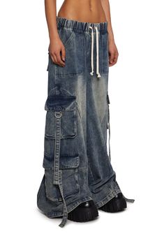 These pants have a washed denim construction with four front cargo pockets, D-ring hardware, side pockets, back pockets with velcro closures, a wide leg, and a drawstring waistband with self-tie closures. Oversized Distressed Jeans, Wide Leg Cargo Jeans, Dolls Kill Outfits, Wide Leg Cargo Pants, Washed Denim, Cargo Jeans, Drawstring Waistband, D Ring, Y2k Fashion