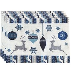 This fun, patterned design features dancing reindeer and classic snowflake icons in cool winter blue hues. The festive tones of this design will make a unique, elegant addition to your dining decor this holiday season. Winter Placemats, Traditional Placemats, Dancing Reindeer, Fall Tablecloth, Top 10 Christmas Gifts, Cool Winter, Winter Table, Placemats Patterns, Winter Blue